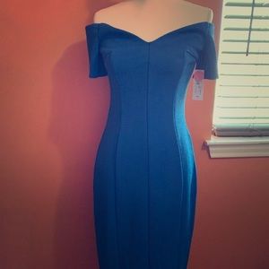 Cobalt Blue Off Shoulder Gold Zip Midi Dress